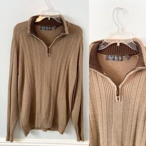 Oscar de la Renta Men's Tan & Cream Sherpa Collar Quarter Zip Sweater Size XL